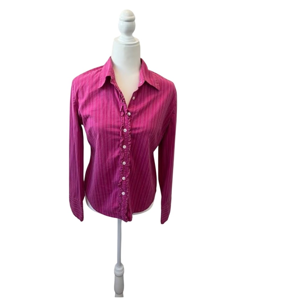 Vtg Lilly Pulitzer Freddie Ruffle Button Down Blouse Pink Stitch Stripe Preppy 6